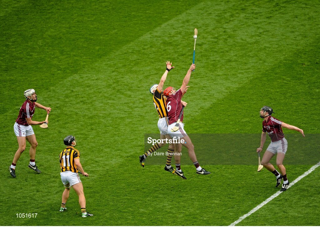 6 September 2015; Iarla Tannian, Galway, gets to the ball ahead of TJ Reid, Kilkenny. GAA Hurling All-Ireland Senior Championship Final, Kilkenny v Galway, Croke Park, Dublin.Picture credit: Dáire Brennan / SPORTSFILE