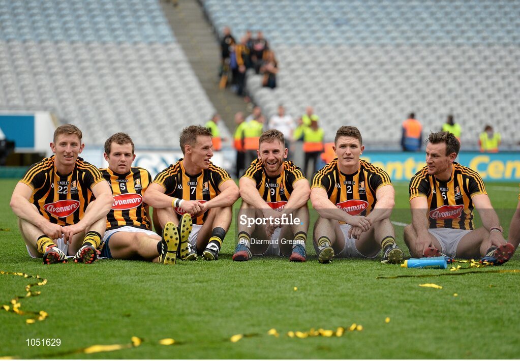 6 September 2015; Kilkenny players, from left to right, Joe Lyng, Padraig Walsh, Cillian Buckley, Conor Fogarty, Paul Murphy and Kieran Joyce relax on the pitch after victory over Galway. GAA Hurling All-Ireland Senior Championship Final, Kilkenny v Galway, Croke Park, Dublin. Picture credit: Diarmuid Greene / SPORTSFILE