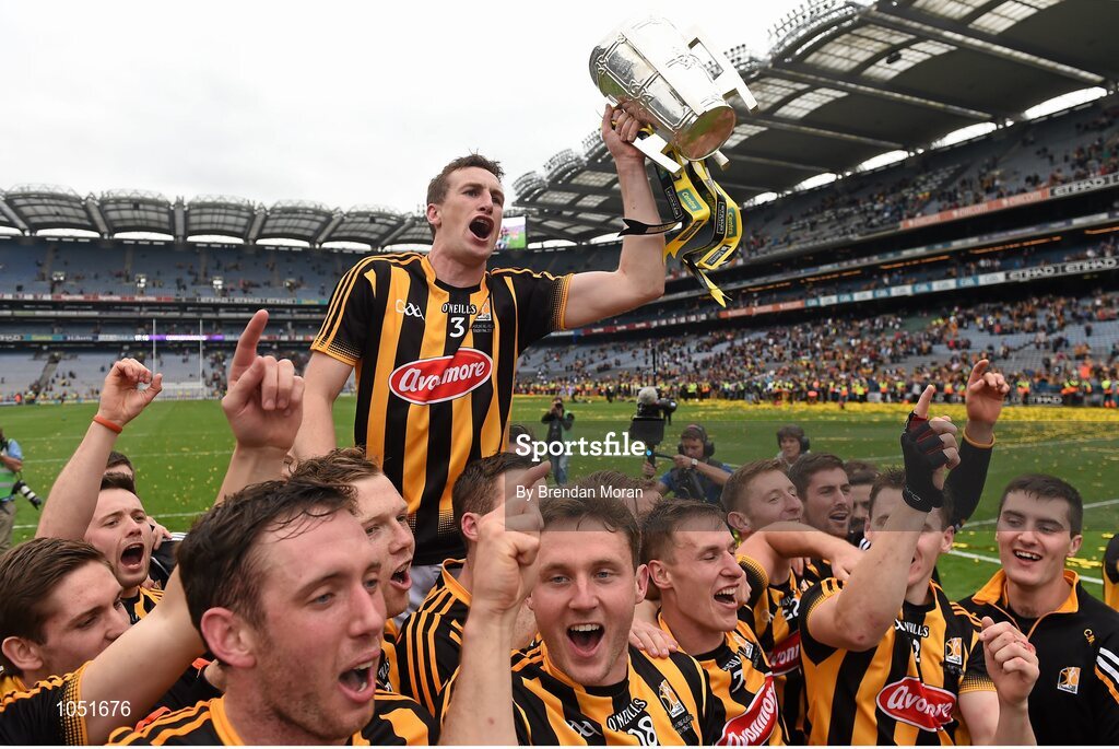 6 September 2015; Kilkenny captain Joey Holden lifts the Liam MacCarthy cup as he celebrates with his team-mates after the game. GAA Hurling All-Ireland Senior Championship Final, Kilkenny v Galway, Croke Park, Dublin. Picture credit: Brendan Moran / SPORTSFILE