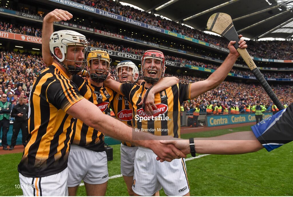 6 September 2015; Kilkenny players, from left, Michael Fennelly, Colin Fennelly, TJ Reid, and Cillian Buckley, celebrate after the final whistle. GAA Hurling All-Ireland Senior Championship Final, Kilkenny v Galway, Croke Park, Dublin. Picture credit: Brendan Moran / SPORTSFILE