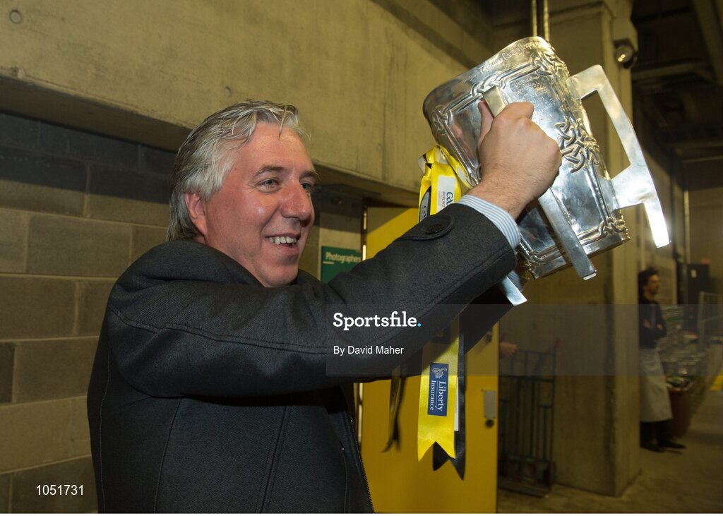 6 September 2015; FAI Chief Executive John Delaney lifts the Liam MacCarthy cup before the  Kilkenny team depart Croke Park. GAA Hurling All-Ireland Senior Championship Final, Kilkenny v Galway, Croke Park, Dublin. Picture credit: David Maher / SPORTSFILE