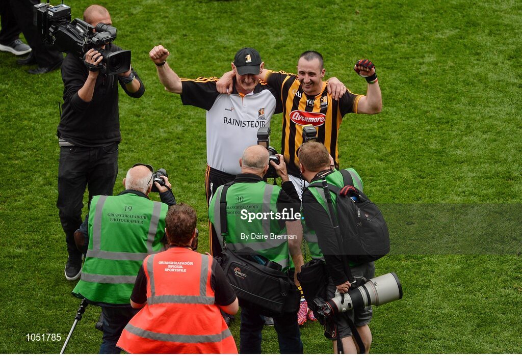 6 September 2015; Kilkenny manager Brian Cody, and Eoin Larkin, celebrate after the game. GAA Hurling All-Ireland Senior Championship Final, Kilkenny v Galway, Croke Park, Dublin.Picture credit: Dáire Brennan / SPORTSFILE