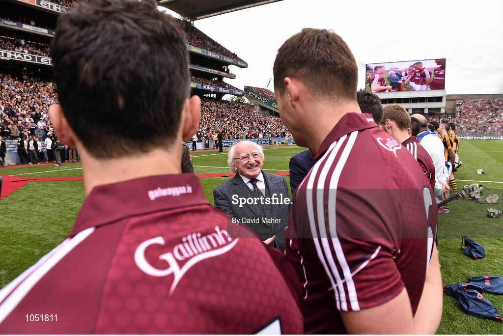 6 September 2015; The President of Ireland Michael D. Higgins is presented to members of the Galway team before the start of the game. GAA Hurling All-Ireland Senior Championship Final, Kilkenny v Galway, Croke Park, Dublin. Picture credit: David Maher / SPORTSFILE