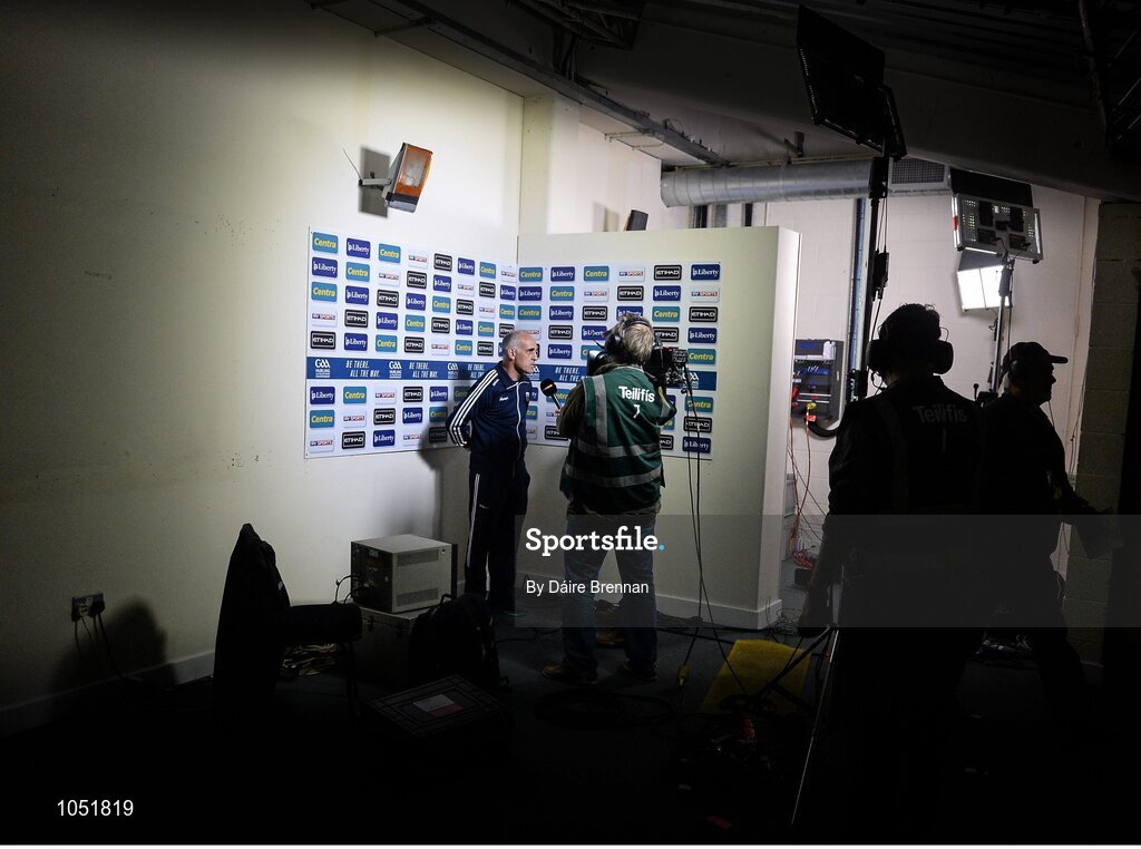 6 September 2015; Galway manager Anthony Cunningham is interviewed by Damien Lawlor for Sky Sports before the game. GAA Hurling All-Ireland Senior Championship Final, Kilkenny v Galway, Croke Park, Dublin.Picture credit: Dáire Brennan / SPORTSFILE