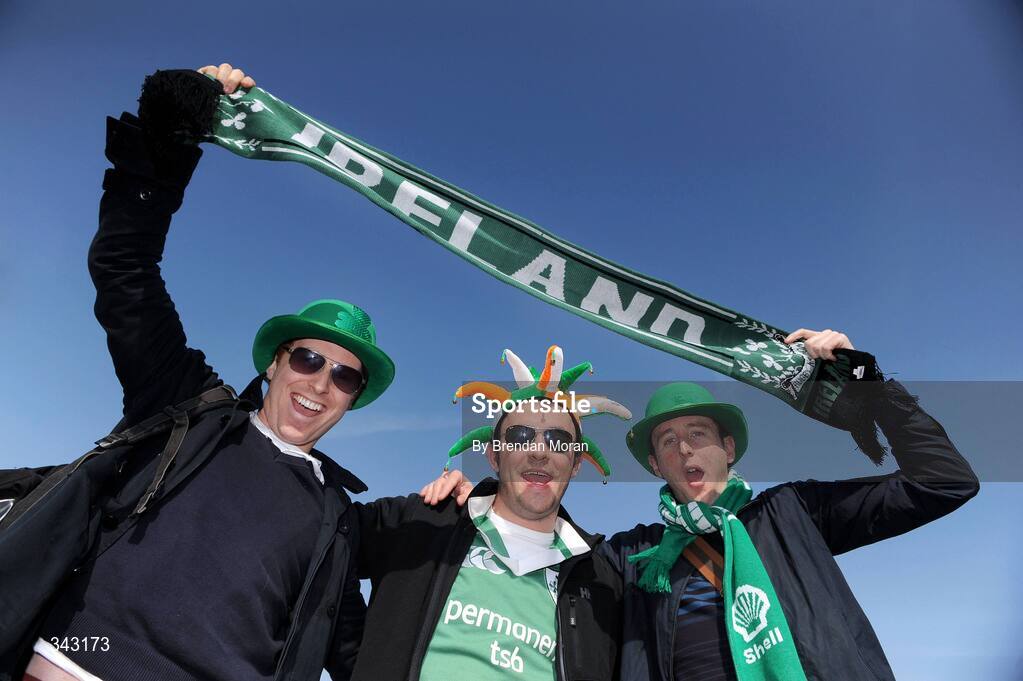 21 March 2009; Ireland fans, from left, Ronan Davy, David Bradley and Dermot Marah, from Dublin, in Cardiff ahead of Ireland's RBS Six Nations Championship clash with Wales. Cardiff, Wales. Picture credit: Brendan Moran / SPORTSFILE