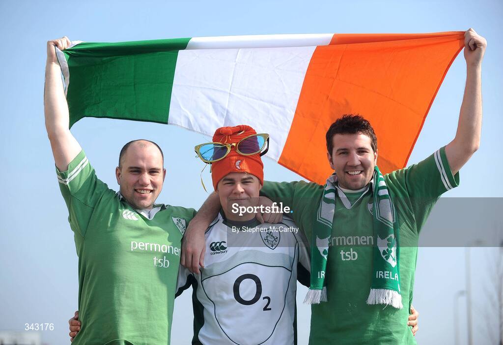 21 March 2009; Ireland fans, from left, Eoghan O Griofa, Martin Bresciani and Neil O'Donoghue, from Rathgar, Dublin, in Cardiff ahead of Ireland's RBS Six Nations Championship clash with Wales. Cardiff, Wales. Picture credit: Stephen McCarthy / SPORTSFILE