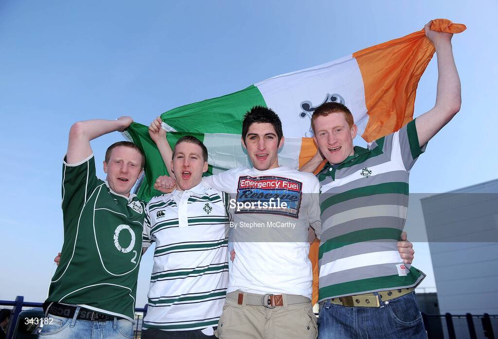 21 March 2009; Ireland fans, from left, Ciaran Caufield, Edward and Declan Creaton and Gareth McElhane, from Castlerea, Co. Roscommon, in Cardiff ahead of Ireland's RBS Six Nations Championship clash with Wales. Cardiff, Wales. Picture credit: Stephen McCarthy / SPORTSFILE