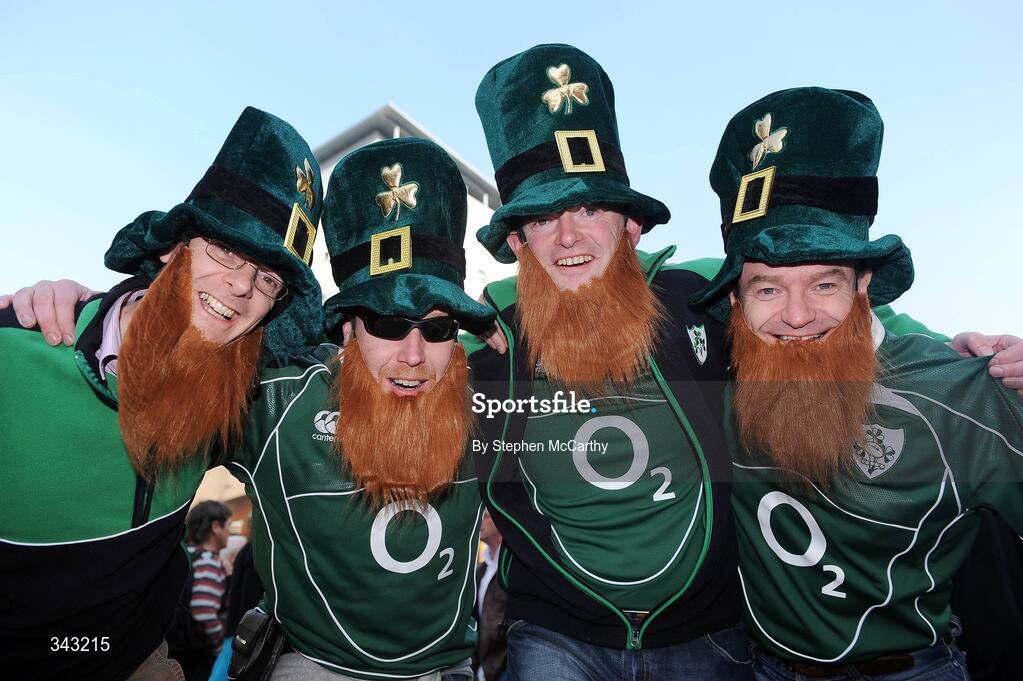 21 March 2009; Ireland fans, from left, Rod Murphy, from Meath, David Keane, from Ennis, Co. Clare, John Burke, from Carlow, and Conor Burke, from Castlebar, Co. Mayo, in Cardiff ahead of Ireland's RBS Six Nations Championship clash with Wales. Cardiff, Wales. Picture credit: Stephen McCarthy / SPORTSFILE