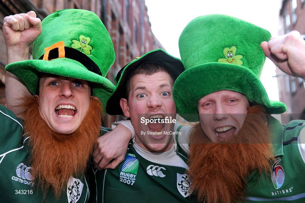 21 March 2009; Ireland fans, from left, Will McCarthy, Fionan Henry, Eoin Fogarty, from Rathfarnham, Dublin, in Cardiff ahead of Ireland's RBS Six Nations Championship clash with Wales. Cardiff, Wales. Picture credit: Stephen McCarthy / SPORTSFILE