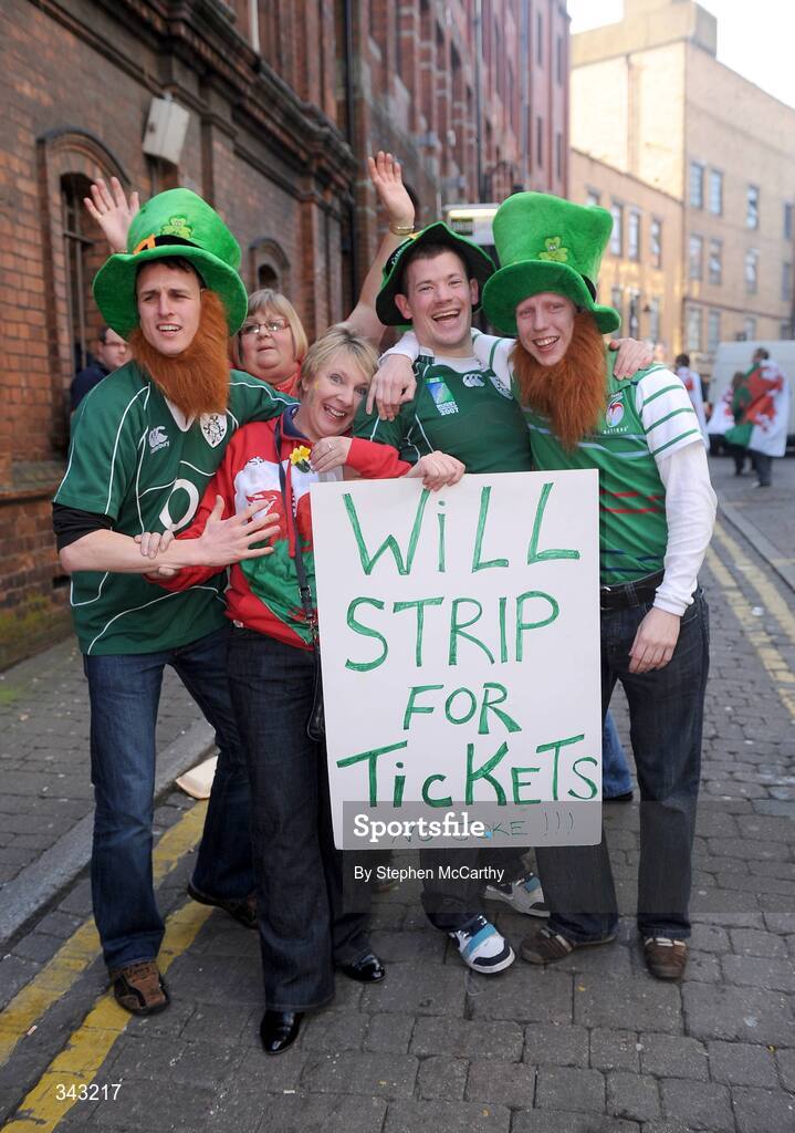 21 March 2009; Ireland fans, from left, Will McCarthy, Fionan Henry, Eoin Fogarty, from Rathfarnham, Dublin, with Wales fans in Cardiff ahead of Ireland's RBS Six Nations Championship clash with Wales. Cardiff, Wales. Picture credit: Stephen McCarthy / SPORTSFILE
