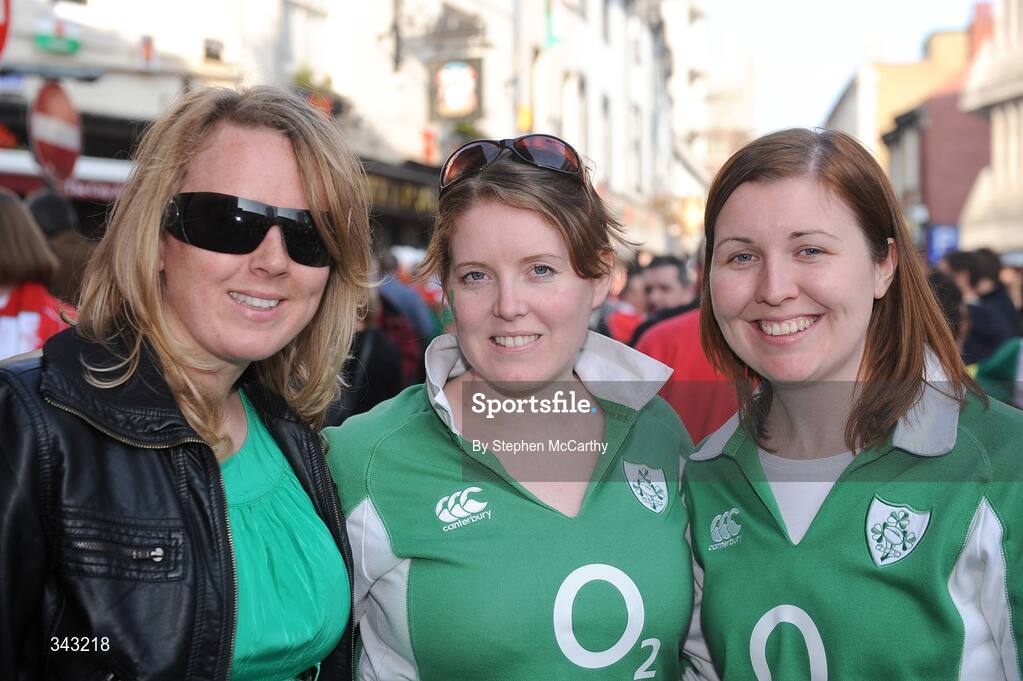 21 March 2009; Ireland fans, from left, Bernadette Sexton, from Milltown-Malby, Co. Clare, Fiona Lyne, from Valentia, Co. Kerry, and Jenifer Johnston, from Derry, in Cardiff ahead of Ireland's RBS Six Nations Championship clash with Wales. Cardiff, Wales. Picture credit: Stephen McCarthy / SPORTSFILE