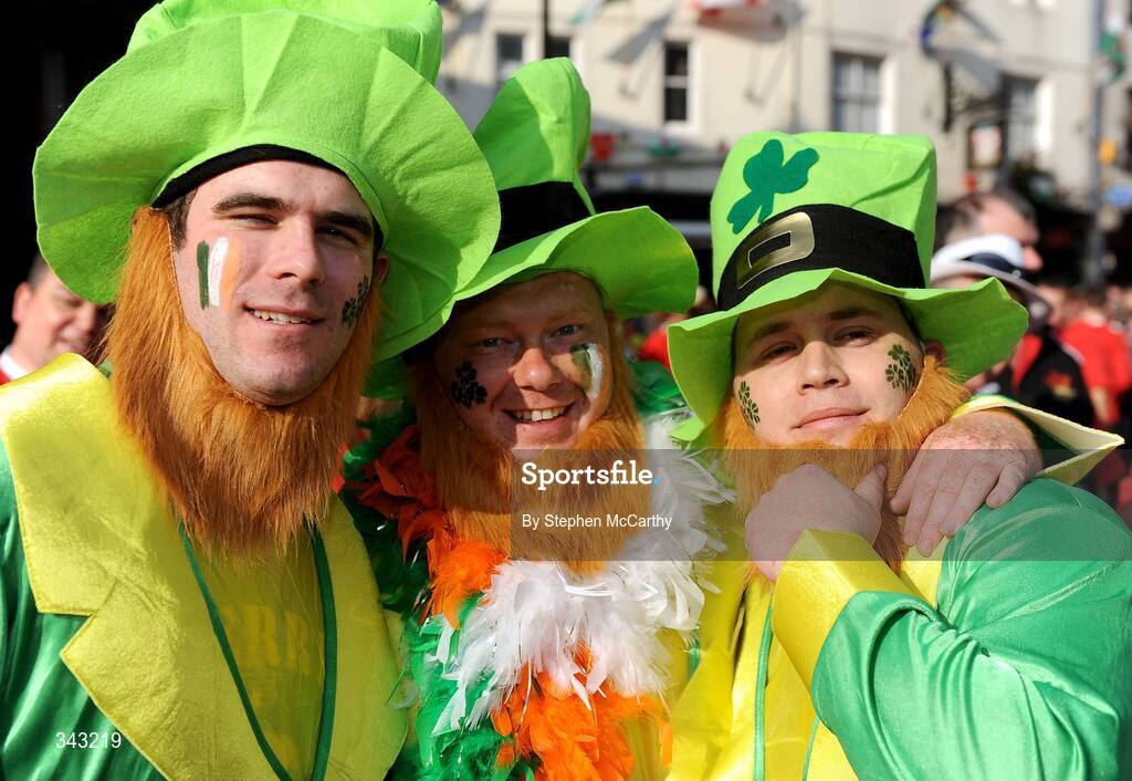 21 March 2009; Ireland fans, from left, Jonathan Browne, from Carragh Lake, Co. Kerry, with Elliot Corcoran and Jonathan Lee, from Cork, in Cardiff ahead of Ireland's RBS Six Nations Championship clash with Wales. Cardiff, Wales. Picture credit: Stephen McCarthy / SPORTSFILE
