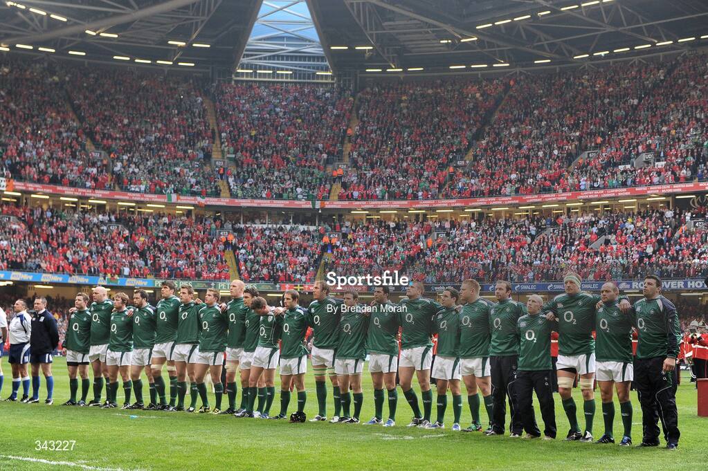 21 March 2009; The Ireland squad stand for the national anthem before the game. RBS Six Nations Championship, Wales v Ireland, Millennium Stadium, Cardiff, Wales. Picture credit: Brendan Moran / SPORTSFILE