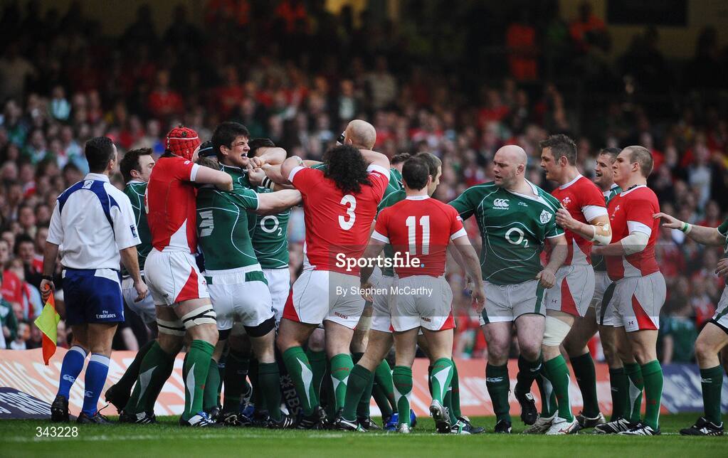 21 March 2009; Ireland and Wales players tussle after an early altercation. RBS Six Nations Championship, Wales v Ireland, Millennium Stadium, Cardiff, Wales. Picture credit: Stephen McCarthy / SPORTSFILE