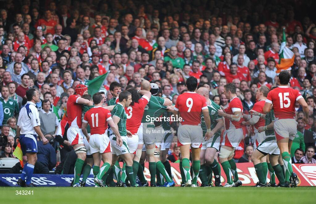 21 March 2009; Ireland and Wales players tussle after an early altercation. RBS Six Nations Championship, Wales v Ireland, Millennium Stadium, Cardiff, Wales. Picture credit: Matt Browne / SPORTSFILE