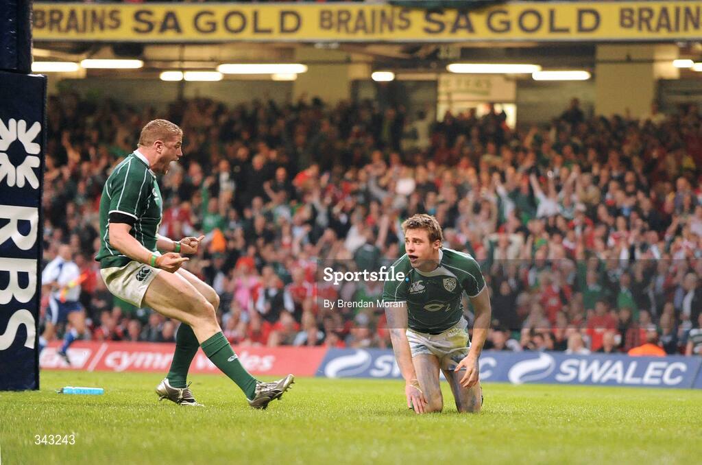 21 March 2009; Tommy Bowe, Ireland, celebrates after scoring his side's second try against Wales with team-mate Jamie Heaslip, left. RBS Six Nations Championship, Wales v Ireland, Millennium Stadium, Cardiff, Wales. Picture credit: Brendan Moran / SPORTSFILE
