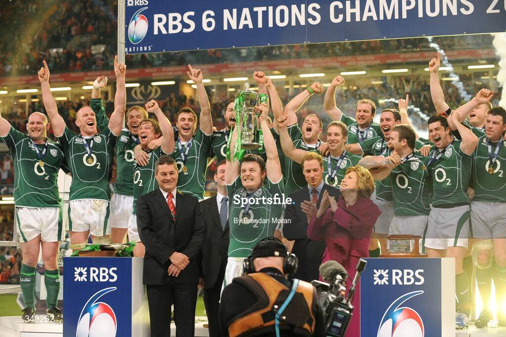 21 March 2009; Ireland captain Brian O'Driscoll celebrates with team-mates after lifting the RBS Six Nations trophy. RBS Six Nations Championship, Wales v Ireland, Millennium Stadium, Cardiff, Wales. Picture credit: Brendan Moran / SPORTSFILE