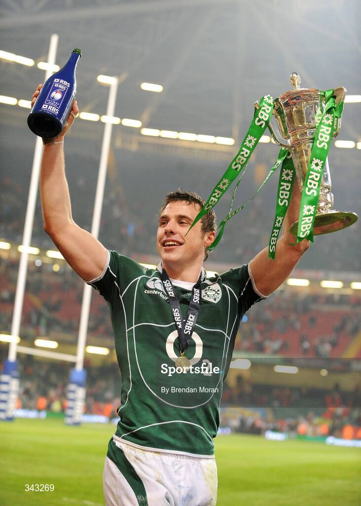 21 March 2009; Ireland try-scorer Tommy Bowe celebrates with the RBS Six Nations trophy. RBS Six Nations Championship, Wales v Ireland, Millennium Stadium, Cardiff, Wales. Picture credit: Brendan Moran / SPORTSFILE