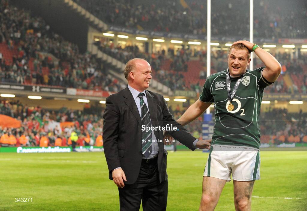 21 March 2009; Ireland head coach Declan Kidney celebrates with Jamie Heaslip after the game. RBS Six Nations Championship, Wales v Ireland, Millennium Stadium, Cardiff, Wales. Picture credit: Brendan Moran / SPORTSFILE