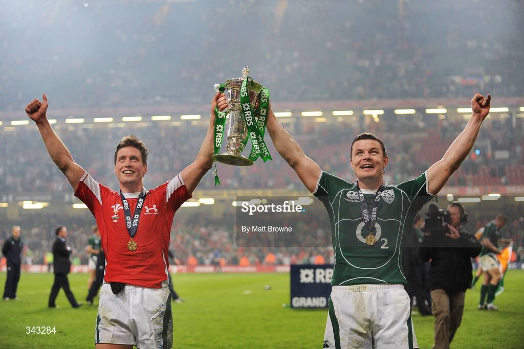 21 March 2009; Ireland's Ronan O'Gara, left, and Brian O'Driscoll celebrate with the RBS Six Nations Championship Trophy. RBS Six Nations Championship, Wales v Ireland, Millennium Stadium, Cardiff, Wales. Picture credit: Matt Browne / SPORTSFILE