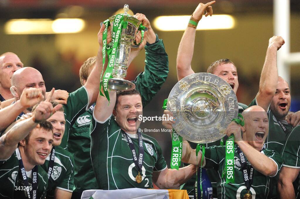 21 March 2009; Ireland captain Brian O'Driscoll and his team-mates celebrate with the Triple Crown trophy and the RBS Six Nations trophy. RBS Six Nations Championship, Wales v Ireland, Millennium Stadium, Cardiff, Wales. Picture credit: Brendan Moran / SPORTSFILE