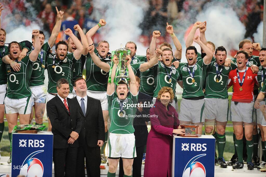 21 March 2009; Ireland captain Brian O'Driscoll celebrates with team-mates after lifting the RBS Six Nations trophy. RBS Six Nations Championship, Wales v Ireland, Millennium Stadium, Cardiff, Wales. Picture credit: Stephen McCarthy / SPORTSFILE