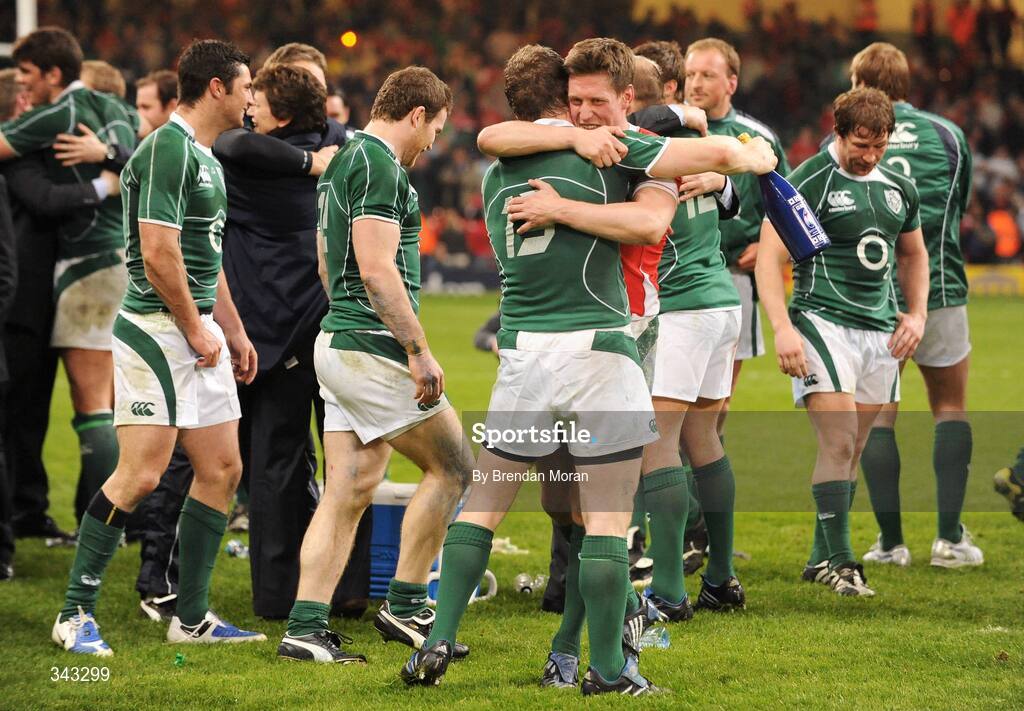 21 March 2009; Ireland's Brian O'Driscoll and Ronan O'Gara embrace at the final whistle. RBS Six Nations Championship, Wales v Ireland, Millennium Stadium, Cardiff, Wales. Picture credit: Brendan Moran / SPORTSFILE