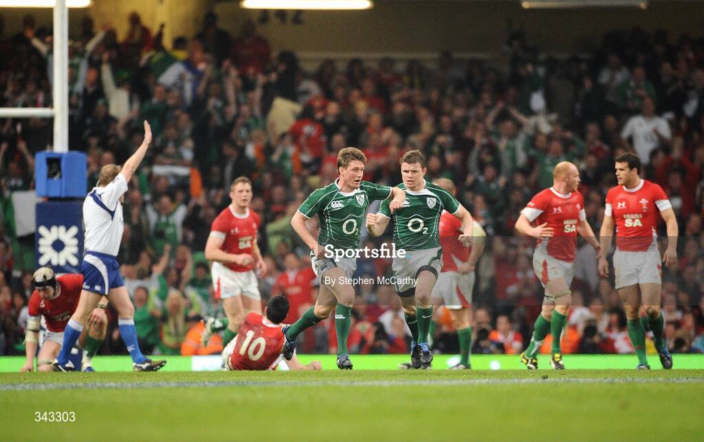 21 March 2009; Ronan O'Gara, Ireland, celebrates after kicking a drop goal to win the game withcaptain Brian O'Driscoll. RBS Six Nations Championship, Wales v Ireland, Millennium Stadium, Cardiff, Wales. Picture credit: Stephen McCarthy / SPORTSFILE