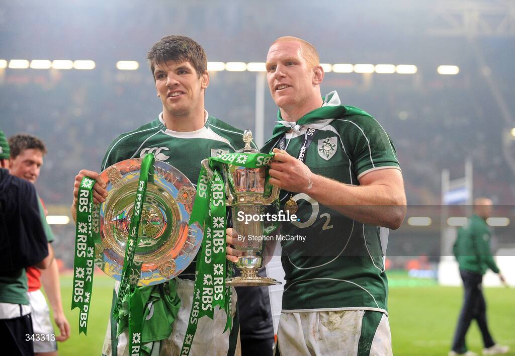 21 March 2009; Ireland's Donncha O'Callaghan, left, and Paul O'Connell celebrate with the RBS Six Nations Championship trophy and Triple Crown. RBS Six Nations Championship, Wales v Ireland, Millennium Stadium, Cardiff, Wales. Picture credit: Stephen McCarthy / SPORTSFILE