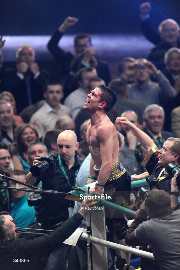 21 March 2009; Bernard Dunne celebrates after defeating Ricardo Cordoba during their WBA World Super Bantamweight title fight. Hunky Dory World Title Fight Night, Bernard Dunne v Ricardo Cordoba, The O2, Dublin. Picture credit: Ray Lohan / SPORTSFILE