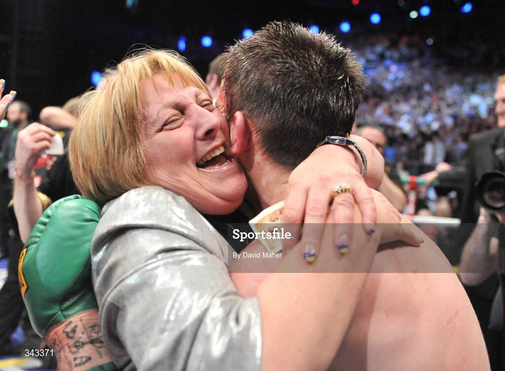 21 March 2009; Bernard Dunne celebrates with his mother Angela after winning the WBA World Super Bantamweight title fight. Hunky Dory World Title Fight Night, Bernard Dunne v Ricardo Cordoba, The O2, Dublin. Picture credit: David Maher / SPORTSFILE