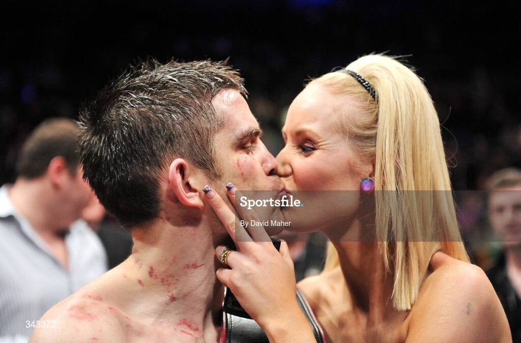 21 March 2009; Bernard Dunne celebrates with his wife Pamela after winning the WBA World Super Bantamweight title fight. Hunky Dory World Title Fight Night, Bernard Dunne v Ricardo Cordoba, The O2, Dublin. Picture credit: David Maher / SPORTSFILE