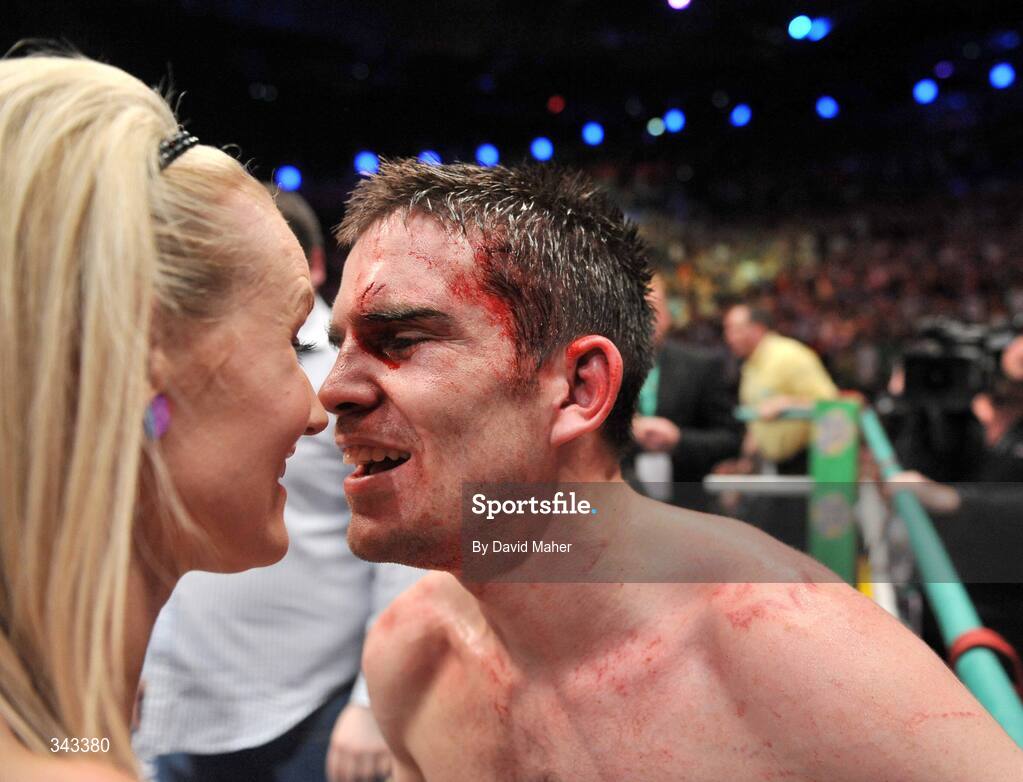 21 March 2009; Bernard Dunne celebrates with his wife Pamela after winning the WBA World Super Bantamweight title fight. Hunky Dory World Title Fight Night, Bernard Dunne v Ricardo Cordoba, The O2, Dublin. Picture credit: David Maher / SPORTSFILE
