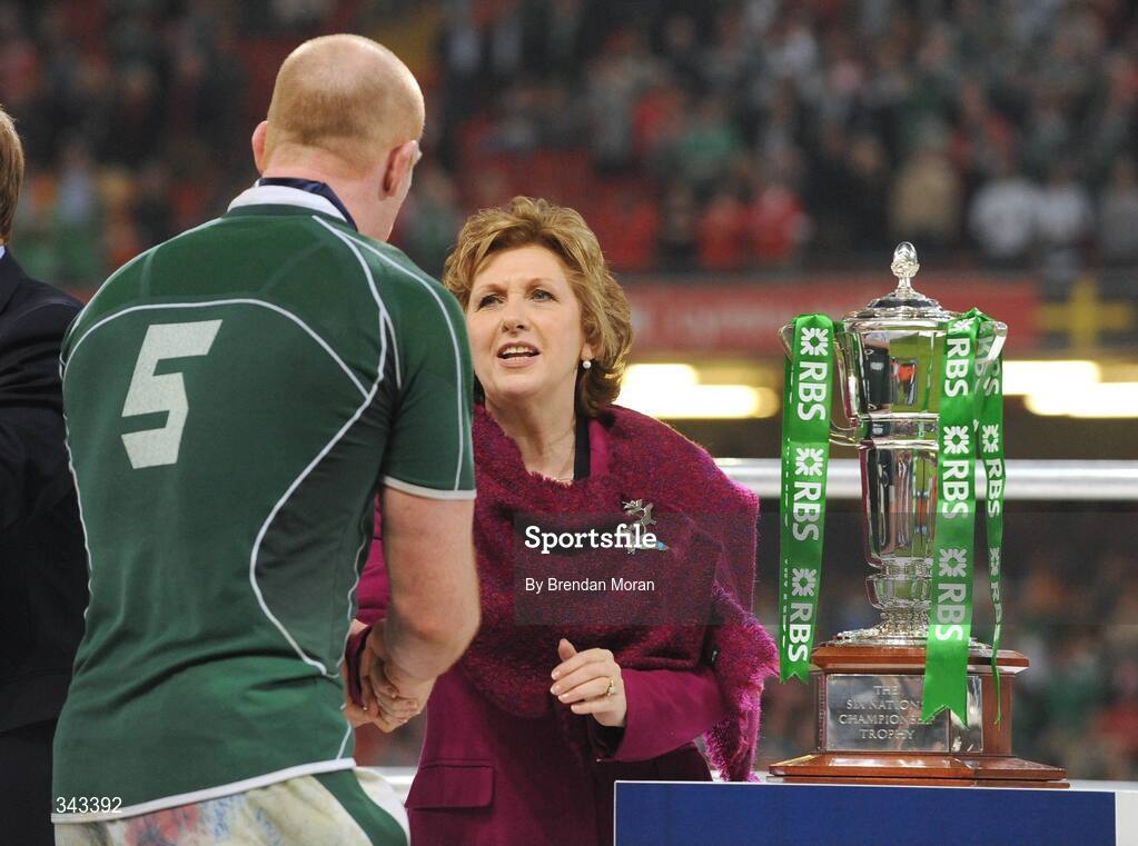 21 March 2009; President of Ireland Mary McAleese congratulates Paul O'Connell after the game. RBS Six Nations Championship, Wales v Ireland, Millennium Stadium, Cardiff, Wales. Picture credit: Brendan Moran / SPORTSFILE