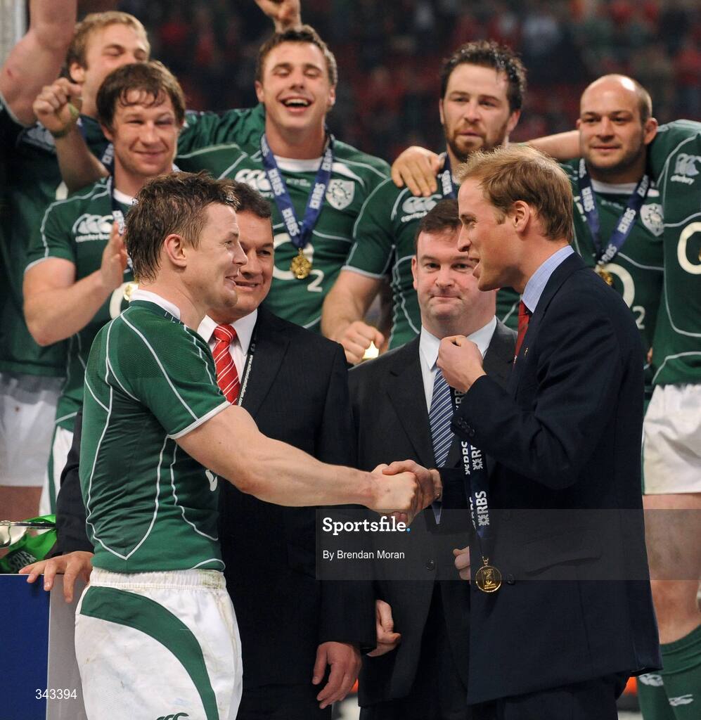 21 March 2009; Ireland captain Brian O'Driscoll is congratulated by HRH Prince William before lifting the RBS Six Nations trophy. RBS Six Nations Championship, Wales v Ireland, Millennium Stadium, Cardiff, Wales. Picture credit: Brendan Moran / SPORTSFILE