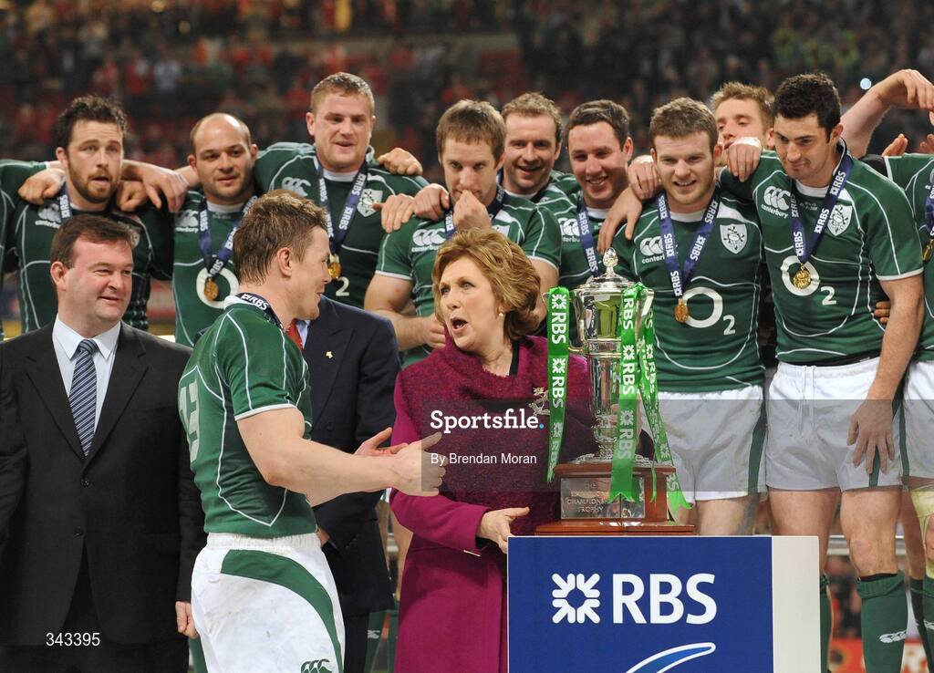 21 March 2009; President of Ireland Mary McAleese presents the RBS Six Nations trophy to Ireland captain Brian O'Driscoll. RBS Six Nations Championship, Wales v Ireland, Millennium Stadium, Cardiff, Wales. Picture credit: Brendan Moran / SPORTSFILE