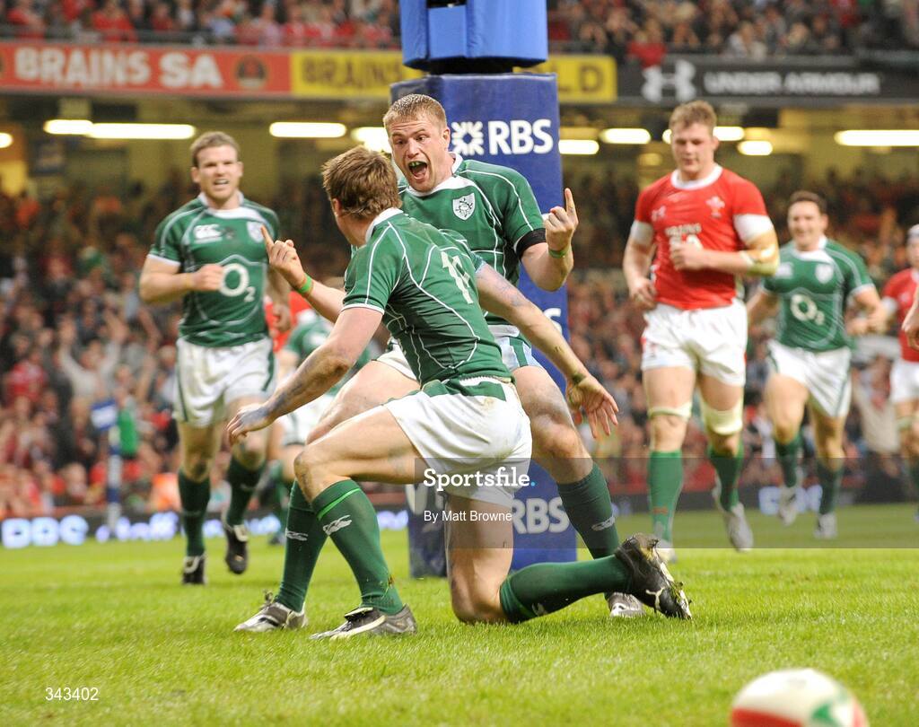 21 March 2009; Jamie Heaslip, Ireland, celebrates with try scorer Tommy Bowe after he scores the second try against Wales. RBS Six Nations Championship, Wales v Ireland, Millennium Stadium, Cardiff, Wales. Picture credit: Matt Browne / SPORTSFILE
