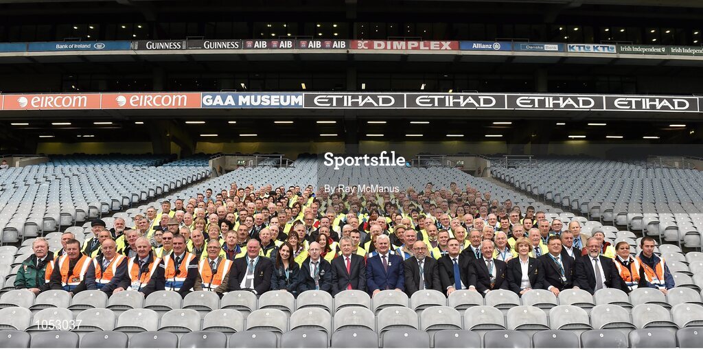 6 September 2015; Uachtarán Chumann Luthchleas Gael Aogán Ó Fearghail and Ard Stiúrthoir Páraic Duffy and the stadium stewards sit for a photograph before taking their posts. GAA Hurling All-Ireland Senior Championship Final, Kilkenny v Galway, Croke Park, Dublin. Picture credit: Ray McManus / SPORTSFILE