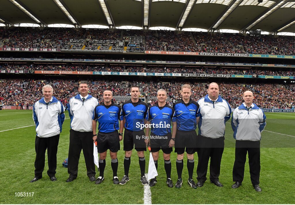 6 September 2015; Match Officials at Kilkenny v Galway, linesman James McGrath, referee James Owens, linesman Johnny Ryan, and sideline official Owen Elliott, along with umpires James Dunbar, John Clarke, David Owens, and Ian Plunkett. AA Hurling All-Ireland Senior Championship Final, Kilkenny v Galway, Croke Park, Dublin. Picture credit: Ray McManus / SPORTSFILE