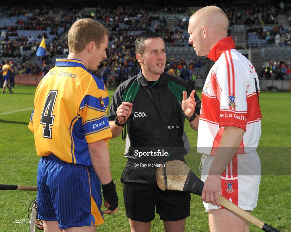 17 March 2009; Referee James McGrath with the  Portumna captain Ollie Canning and the De La Salle captain John Mullane. AIB All-Ireland Senior Club Hurling Championship Final, Portumna, Co. Galway, v De La Salle, Waterford, Croke Park, Dublin. Picture credit: Ray McManus / SPORTSFILE