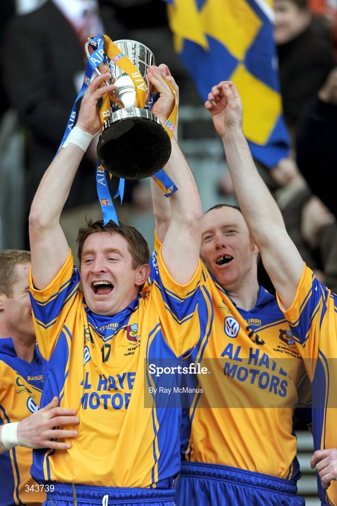 17 March 2009; Portumna players David Canning, left, and Mike Gill with the Tommy Moore Cup. AIB All-Ireland Senior Club Hurling Championship Final, Portumna, Co. Galway, v De La Salle, Waterford, Croke Park, Dublin. Picture credit: Ray McManus / SPORTSFILE