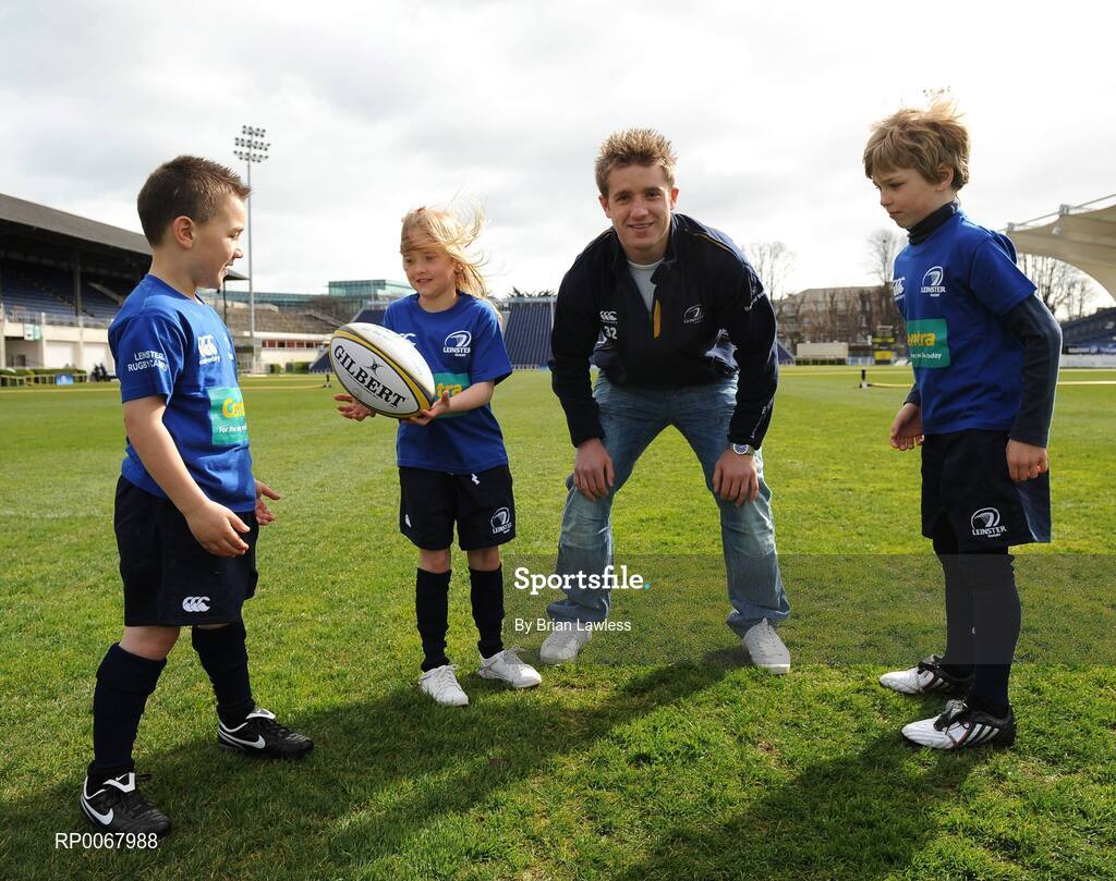 25 March 2009; As Rugby fever grips the nation in the aftermath of Ireland's historic RBS Six Nations Grand Slam, one of its heroes, Luke Fitzgerald took time from his well-earned break to launch the Centra Rugby Summer Camps which take place this summer. Grand Slam winner Luke lined out to give a sneak preview of some tips that can be learned at the camps this summer, including how to eat well and ensure they fuel their bodies with the right foods. Camps will take place in a range of venues throughout Leinster, Munster and Connacht in June, July and August, giving budding rugby stars a week long, action-packed and fun rugby experience. At the launch is Ireland's Luke Fitzgerald with young rugby fans, from left, Sam Kelly, age 7, Victoria Nolan, age 9, and Sean Og Barnes, age 9. RDS, Dublin. Picture credit: Brian Lawless / SPORTSFILE