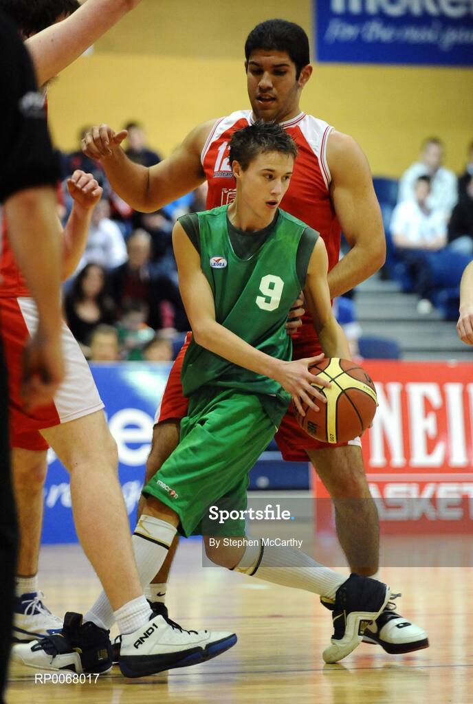 25 March 2009; Dean Hillis, St. Patricks College, in action against Paul Harrison, Colaiste an Spioraid Naoimh. St. Patricks College Ballymena, Co. Antrim v Colaiste an Spioraid Naoimh, Bishopstown, Cork - U19B Boys - Schools League Finals, National Basketball Arena, Tallaght, Dublin. Picture credit: Stephen McCarthy / SPORTSFILE