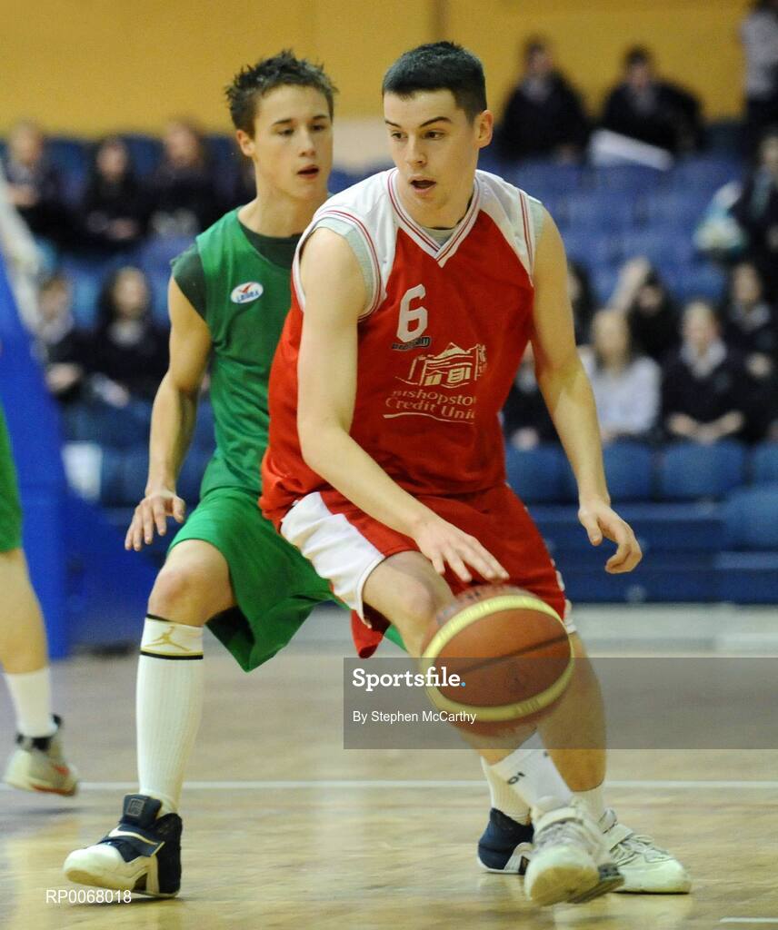 25 March 2009; Conor Deasy, Colaiste an Spioraid Naoimh, in action against Dean Hillis, St. Patricks College. St. Patricks College Ballymena, Co. Antrim v Colaiste an Spioraid Naoimh, Bishopstown, Cork - U19B Boys - Schools League Finals, National Basketball Arena, Tallaght, Dublin. Picture credit: Stephen McCarthy / SPORTSFILE