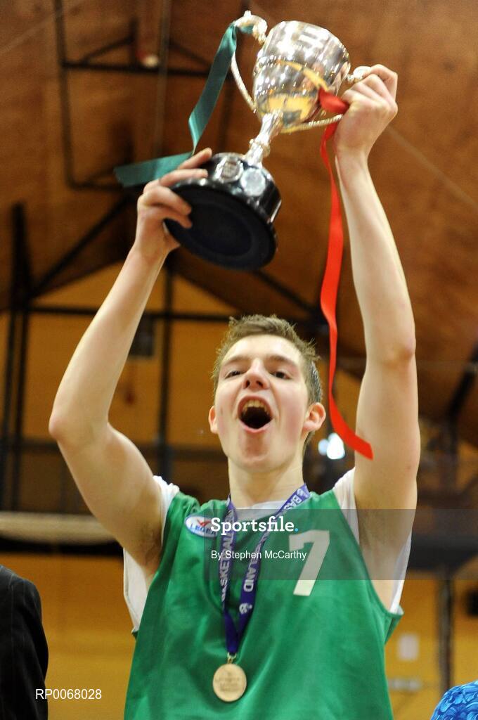25 March 2009; St. Patricks College captain Martin McDonald lifts the cup. St. Patricks College Ballymena, Co. Antrim v Colaiste an Spioraid Naoimh, Bishopstown, Cork - U19B Boys - Schools League Finals, National Basketball Arena, Tallaght, Dublin. Picture credit: Stephen McCarthy / SPORTSFILE