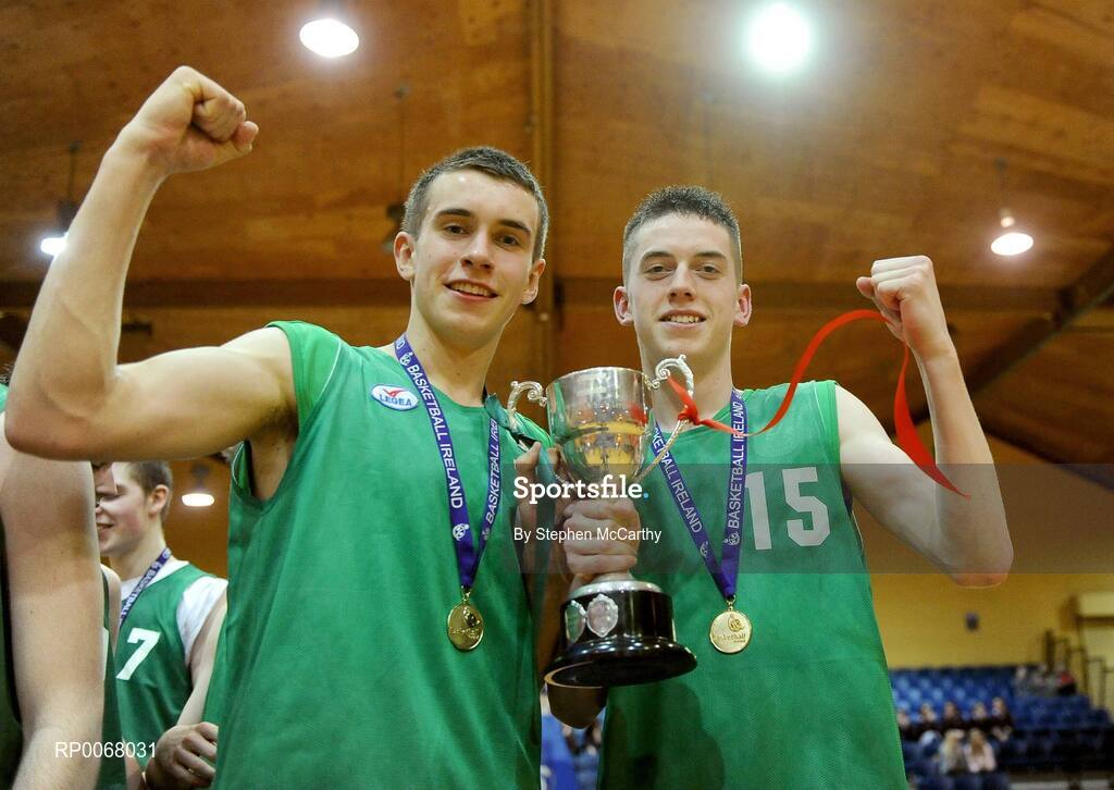 25 March 2009; St. Patricks College players Eoin McAlonan, left, and Steven Lyness celebrate with the cup. St. Patricks College Ballymena, Co. Antrim v Colaiste an Spioraid Naoimh, Bishopstown, Cork - U19B Boys - Schools League Finals, National Basketball Arena, Tallaght, Dublin. Picture credit: Stephen McCarthy / SPORTSFILE