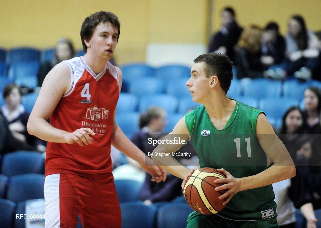 25 March 2009; Eoin McAlonan, St. Patricks College, in action against Anthony Coughlan, Colaiste an Spioraid Naoimh. St. Patricks College Ballymena, Co. Antrim v Colaiste an Spioraid Naoimh, Bishopstown, Cork - U19B Boys - Schools Leagues Finals, National Basketball Arena, Tallaght, Dublin. Picture credit: Stephen McCarthy / SPORTSFILE