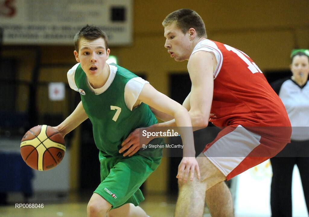 25 March 2009; Martin McDonald, Colaiste an Spioraid Naoimh, in action against Brendan Kiely, St. Patricks College. St. Patricks College Ballymena, Co. Antrim v Colaiste an Spioraid Naoimh, Bishopstown, Cork - U19B Boys - Schools Leagues Finals, National Basketball Arena, Tallaght, Dublin. Picture credit: Stephen McCarthy / SPORTSFILE