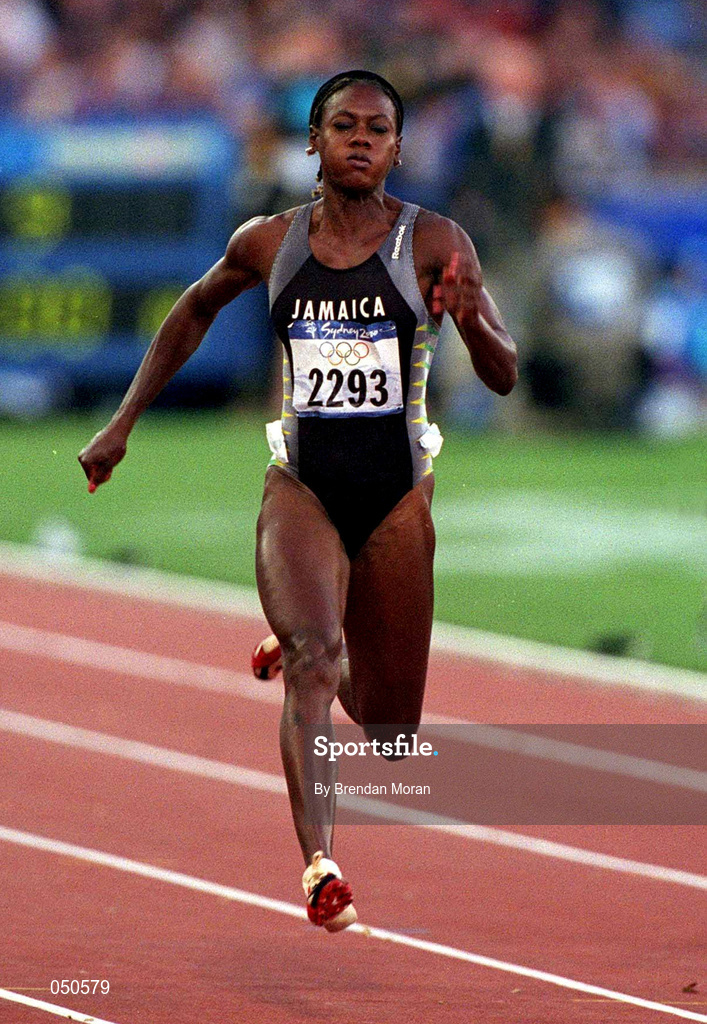 23 September 2000; Merlene Otty, Jamacia, womens 100m, Stadium Australia, Sydney Olympic Park, Homebush Bay, Sydney, Australia. Photo by Brendan Moran/Sportsfile