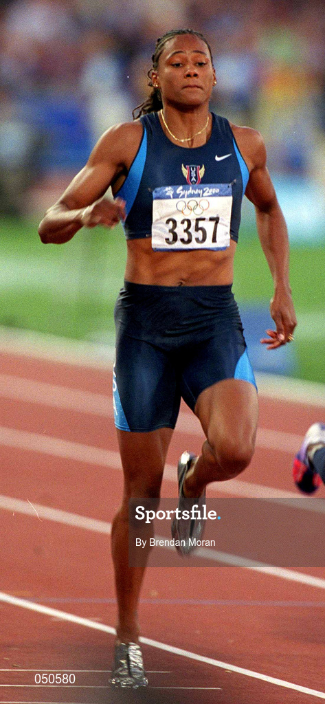 23 September 2000; Marion Jones of USA during the womens 100m, Stadium Australia, Sydney Olympic Park, Homebush Bay, Sydney, Australia. Photo by Brendan Moran/Sportsfile